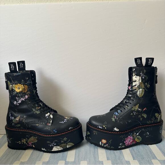 R13 Black Floral Double Stack Platform Lace-Up Boots size US 8 EU 38 - Picture 3 of 13